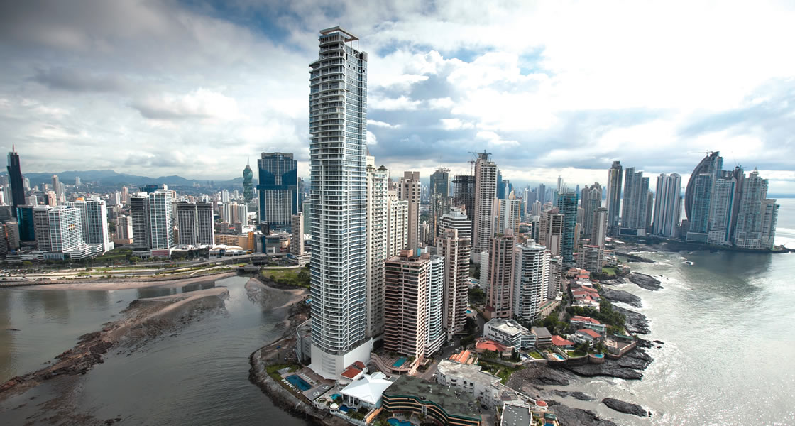 Helicopter view of the bay of Panama